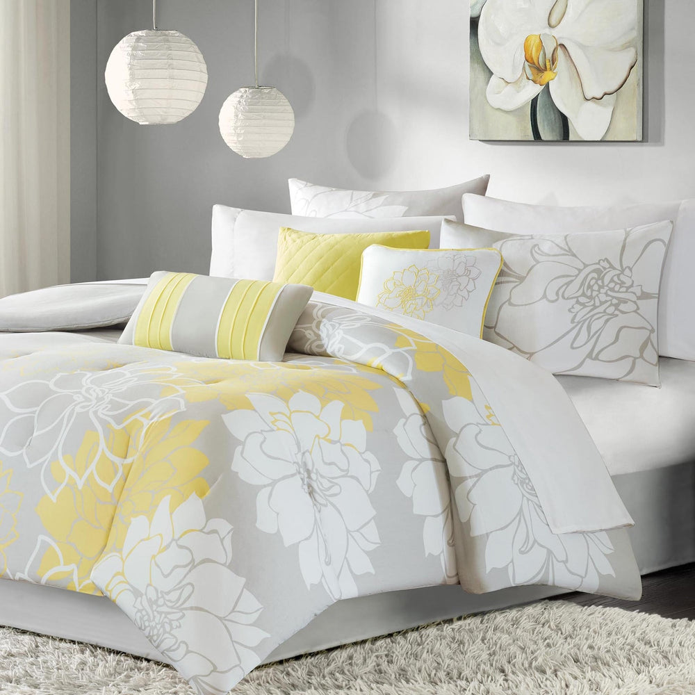 Printed Cotton Sateen Comforter Set Taupe Grey/Yellow Cal King Media 1