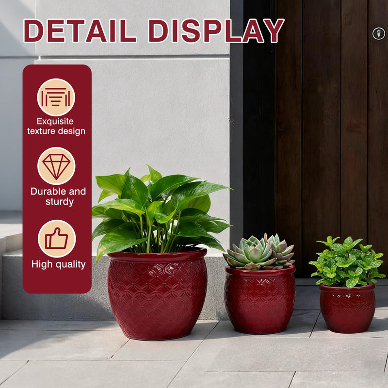 Handmade Ceramic Flower Pot Set of 3, 15/12/10 Inch Diameter, Deep Red with Floral Embossed Pattern, for Orchids Indoor/Outdoor Use on Windowsill & Bookshelf, Breathable Clay