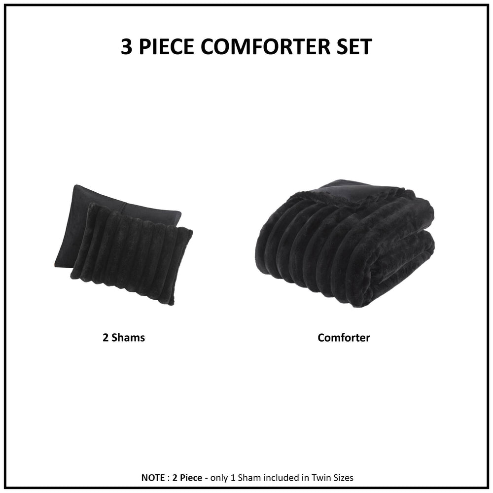 3 PCS King  soft Faux Fur Ribbed Comforter Set Black Media 8