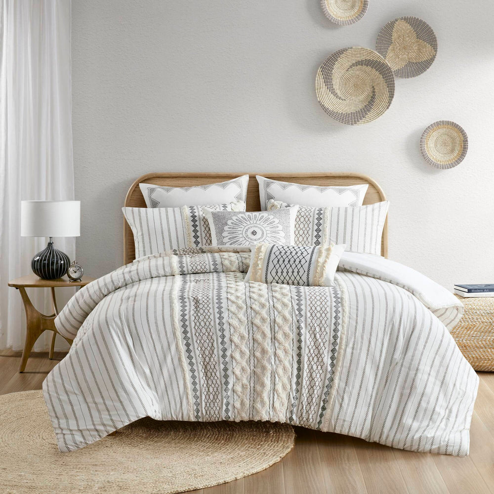 Cotton Printed Comforter Set with Chenille Ivory Full/Queen Media 5