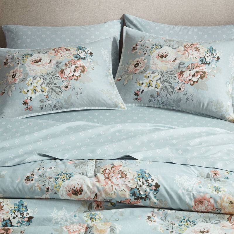 7-Piece Queen 7 Piece Vin -inspired Collection floral print,Soft Blue