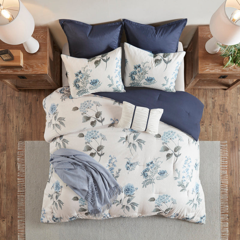 7 Piece Printed Seersucker Comforter Set with Throw Blanket Blue Full/Queen