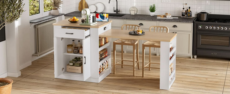 Extendable Island Console & Particle Board White Finish & Multi-Functional Storage