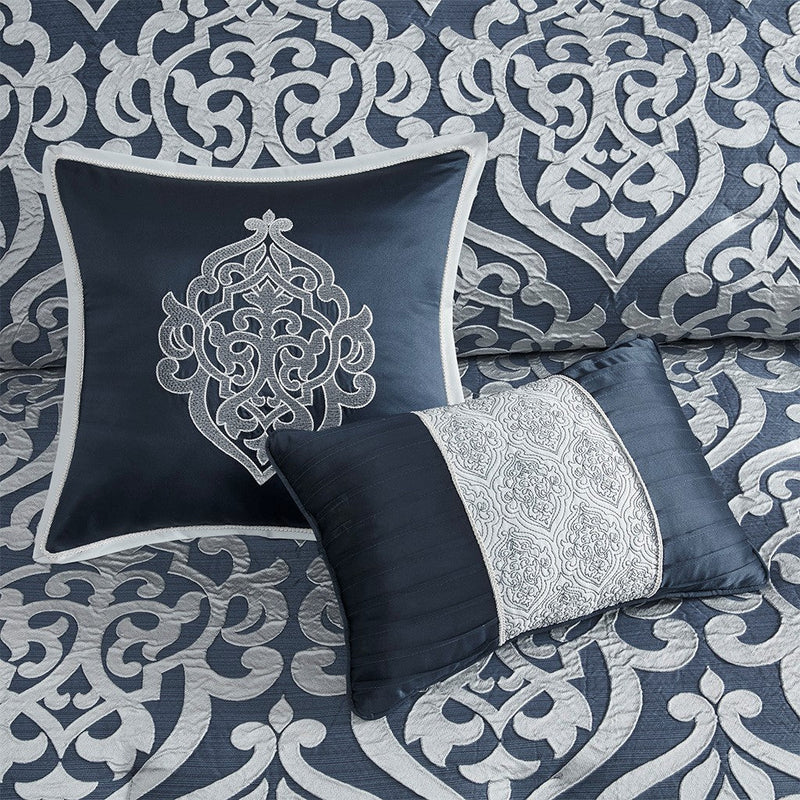 8 Piece Jacquard Comforter Set Navy/Silver King