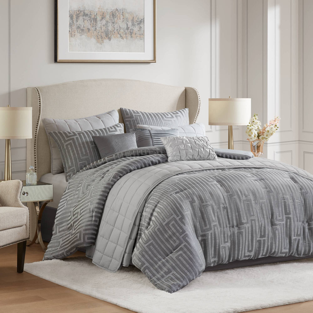 10 PCS Cal King  Luxury Jacquard Comforter Set Grey Media 9