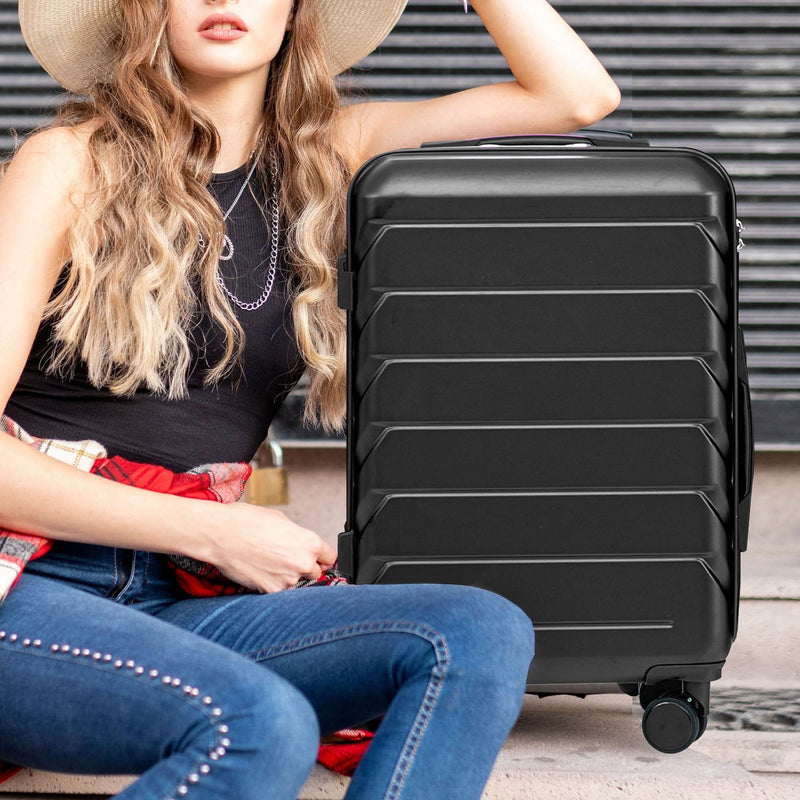ABS Luggage Set 20 24 28 Inch Spinner Wheels Black Durable 3-Piece & Combination Lock