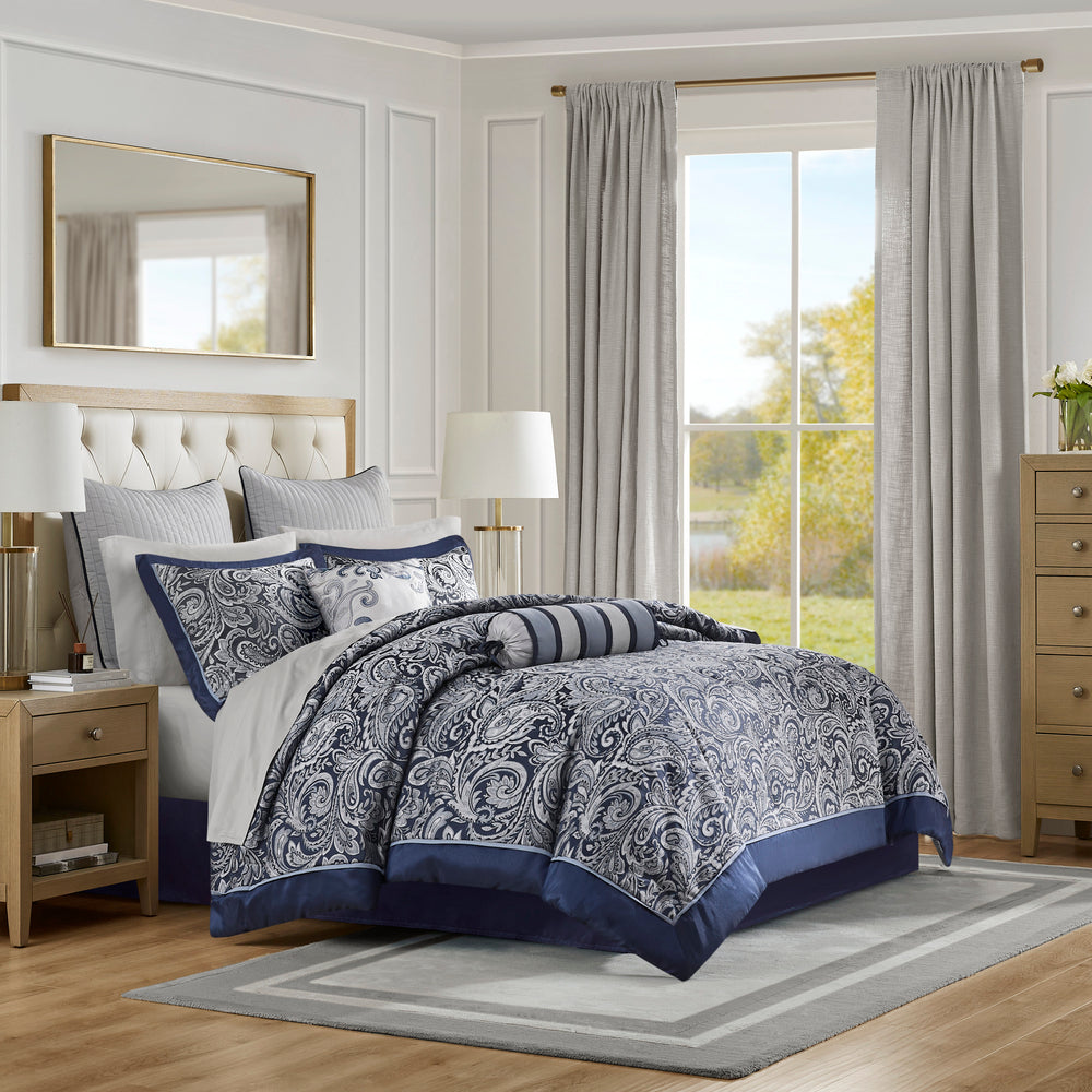 12 Piece Comforter Set with Cotton Bed Sheets Navy Cal King Media 1