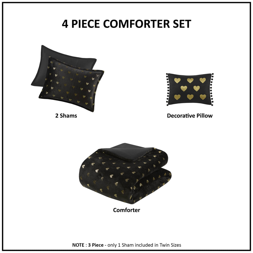 4 PCS Full/Queen Metallic Printed Plush Comforter Set with Throw Pillow Black/Gold Media 6