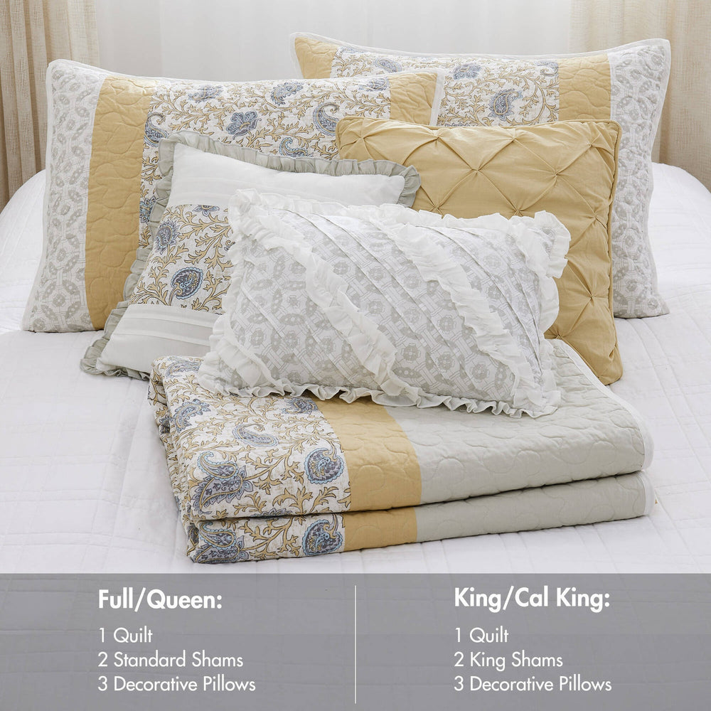 6 Piece Cotton Percale Quilt Set with Throw Pillows Yellow King/Cal King Media 12
