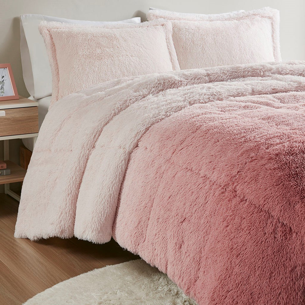 King/Cal King Ombre Shaggy Long Fur Comforter Mini Set Media 2