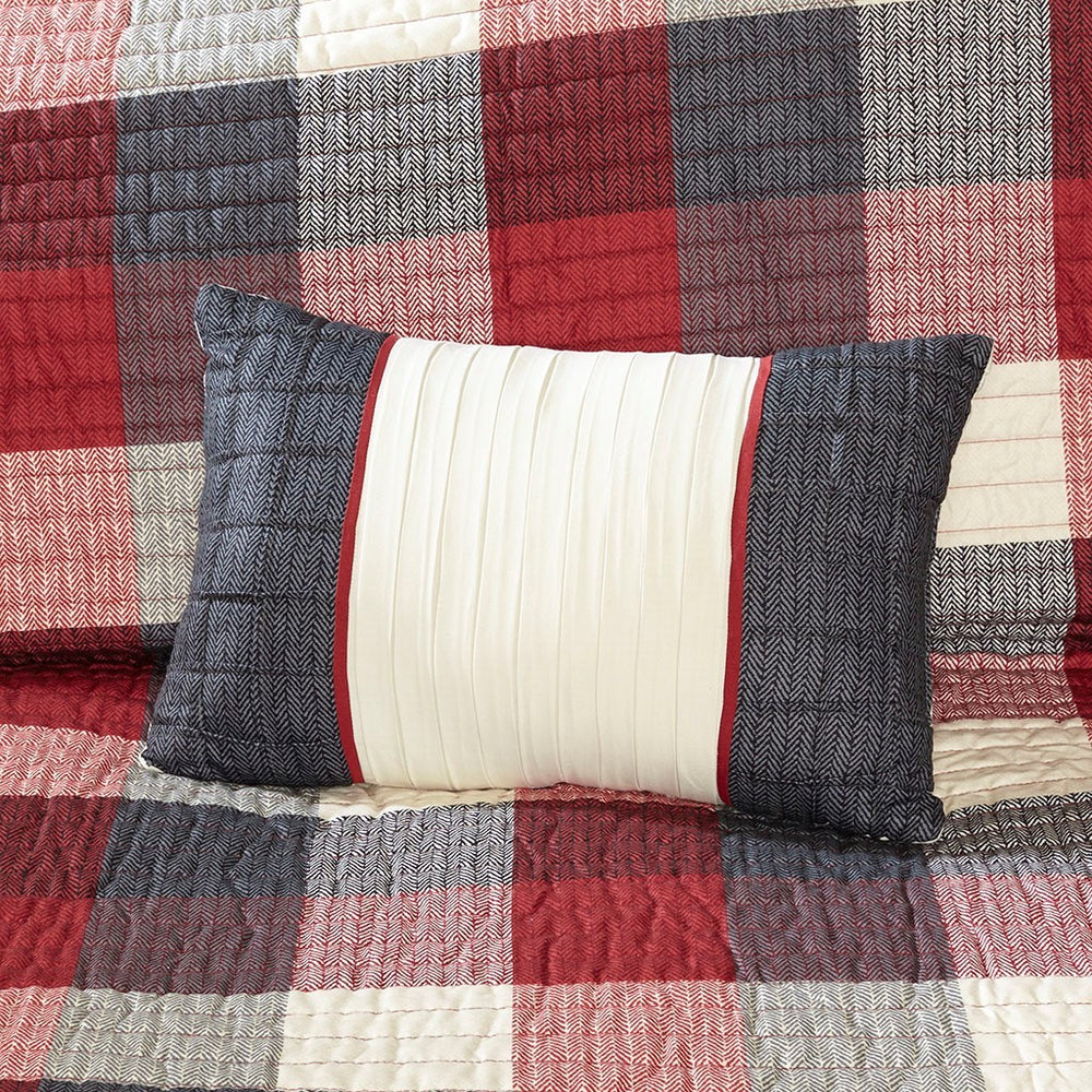 6 Piece Printed Herringbone Quilt Set with Throw Pillows Red Full/Queen Media 4