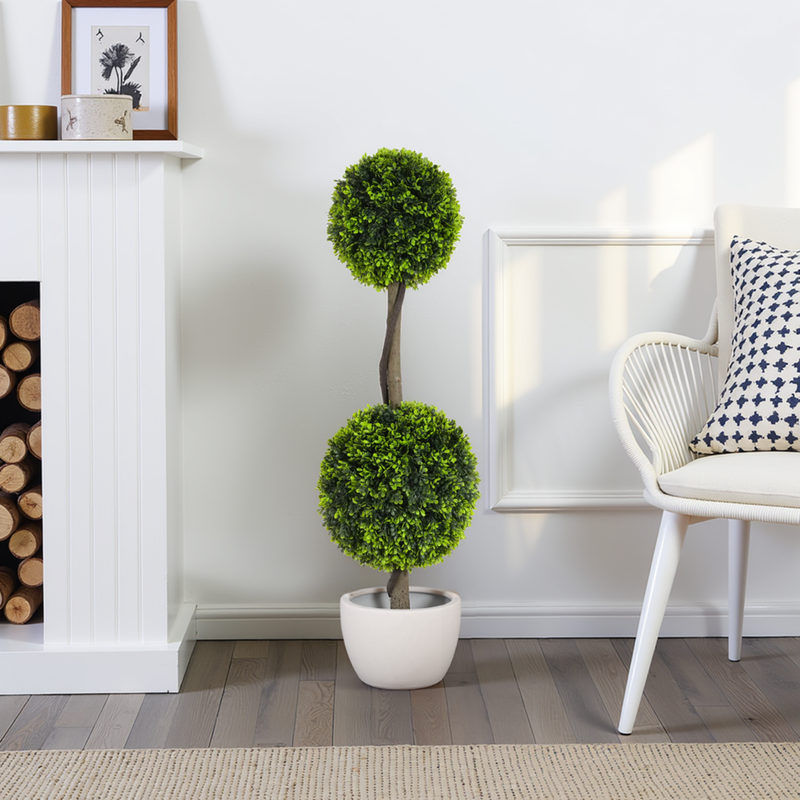 34' Artificial Topiary Boxwood Tree Double Ball with Black Plastic Pot, Set of 2