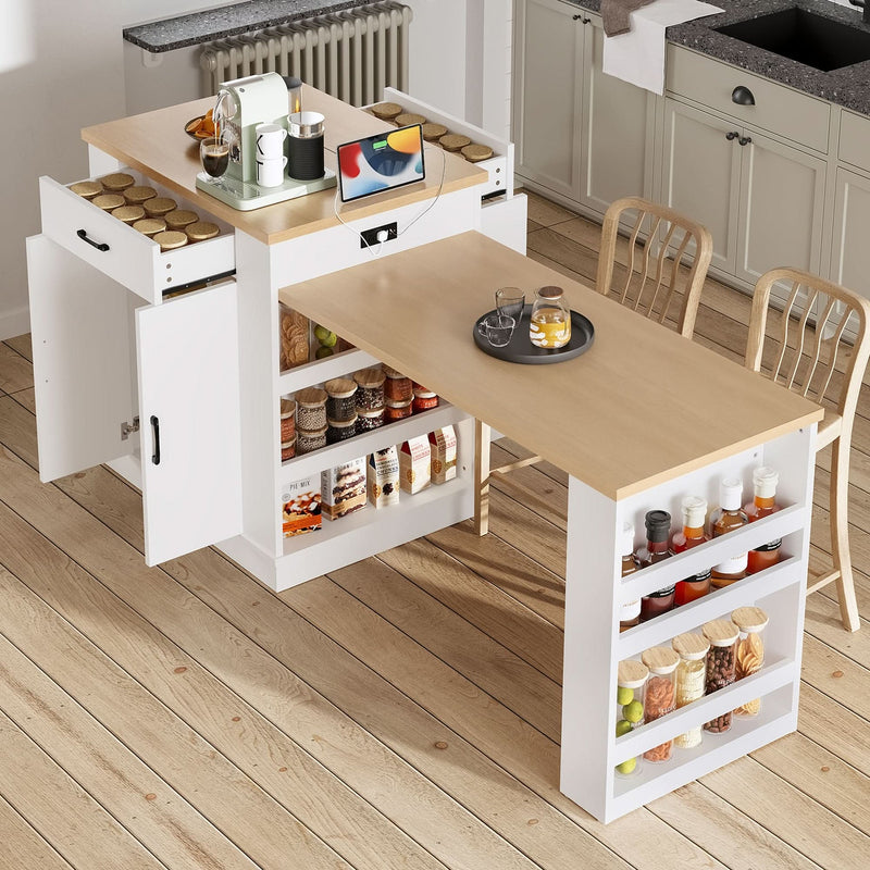 Extendable Island Console & Particle Board White Finish & Multi-Functional Storage