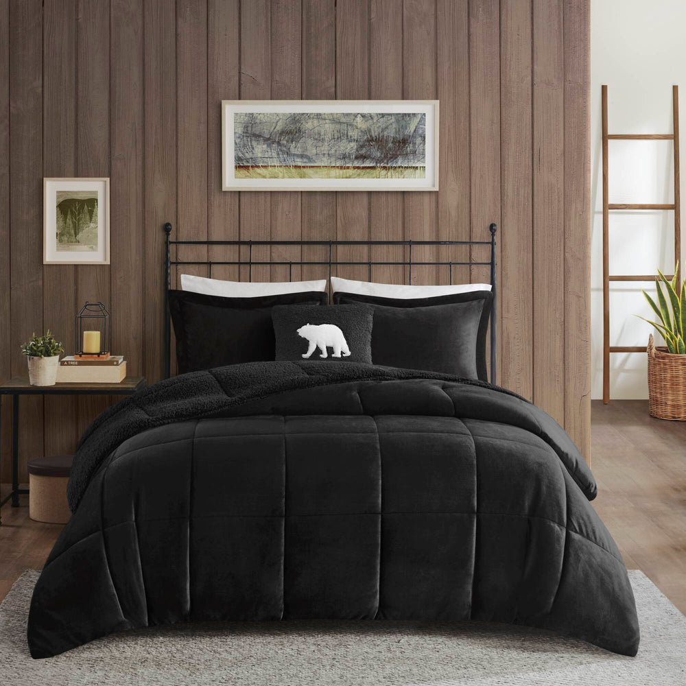 4-Piece King Plush to Sherpa Down Alternative Comforter Set,Black/Black Media 1
