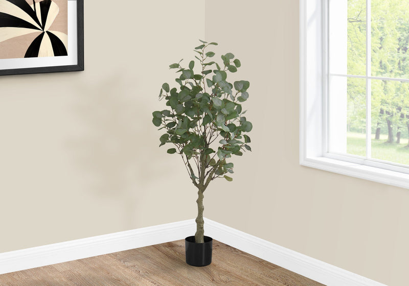 Artificial Plant, 46' Tall, Eucalyptus Tree, Indoor, Faux, Fake, Floor, Greenery, Potted, Decorative, Green Leaves, Black Pot