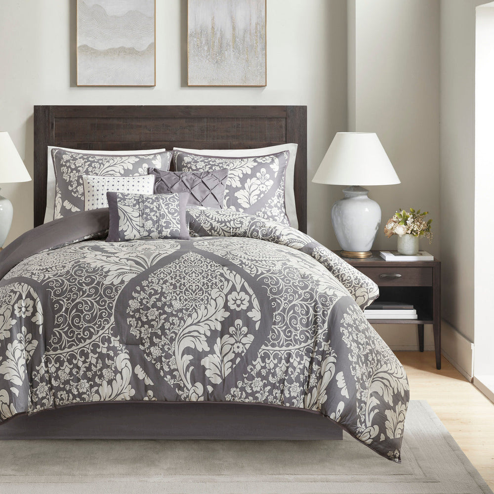 7 Piece Cotton Printed Comforter Set Grey Queen Media 1