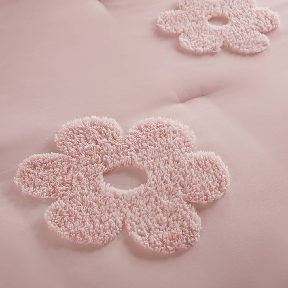 4-Piece Full/Queen Floral Reversible Tufted Chenille Comforter Set with Flower Throw Pillow,Pink Media 10