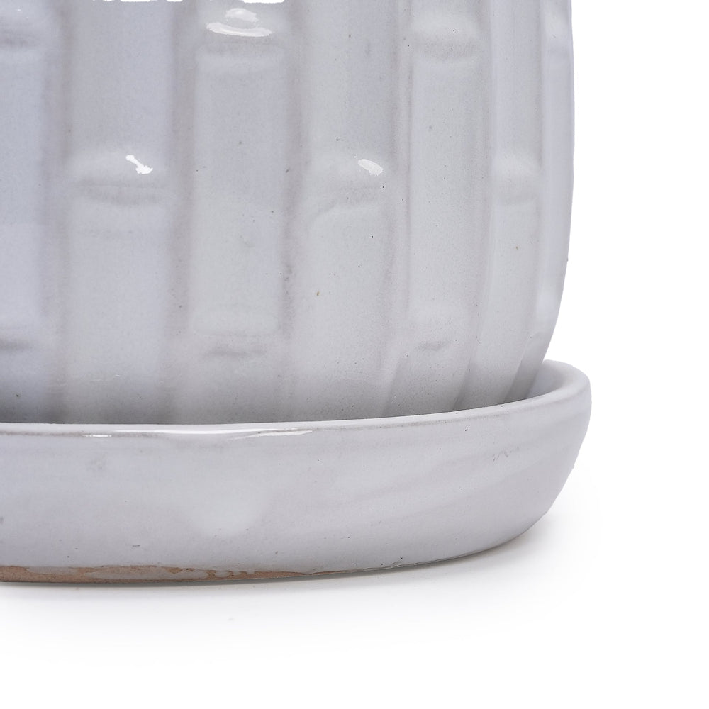 Handmade White Glazed Ceramic Planter Set of 2, 6' & 8' Diameter, Bamboo-like Pattern, for Orchids Indoor/Outdoor Shelf & Table Use, Breathable Clay Media 16