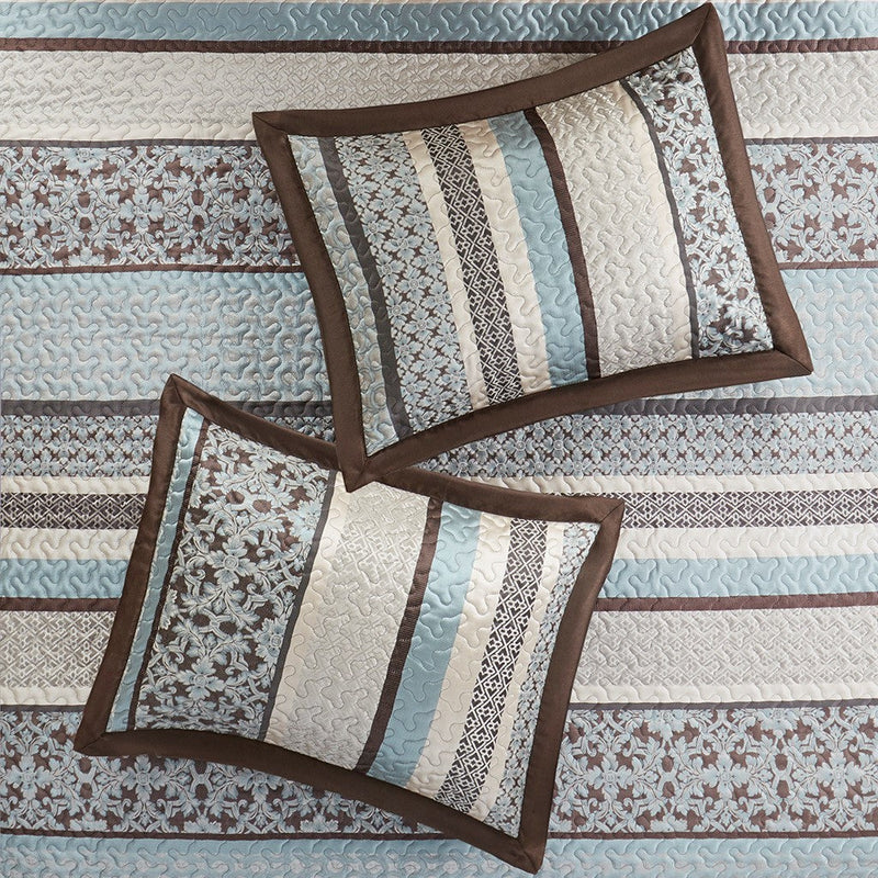 5 Piece Reversible Jacquard Bedspread Set Blue King