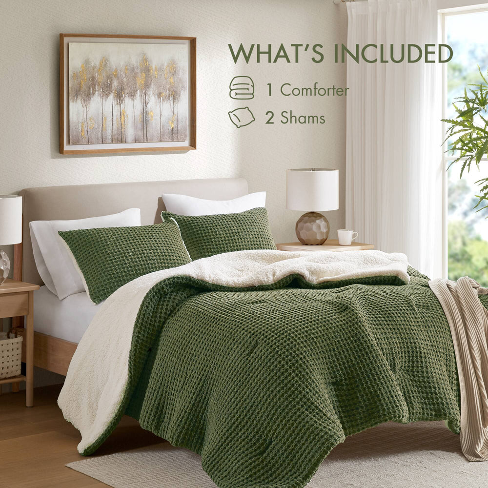 3 Pieces King/Cal King Waffle Knit Chenille Comforter Set,Olive Media 3