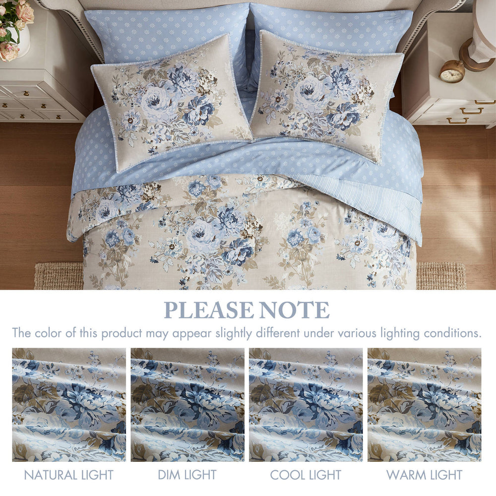 7-Piece Full 7 Piece Vin -inspired Collection floral print,Beige/Blue Media 8