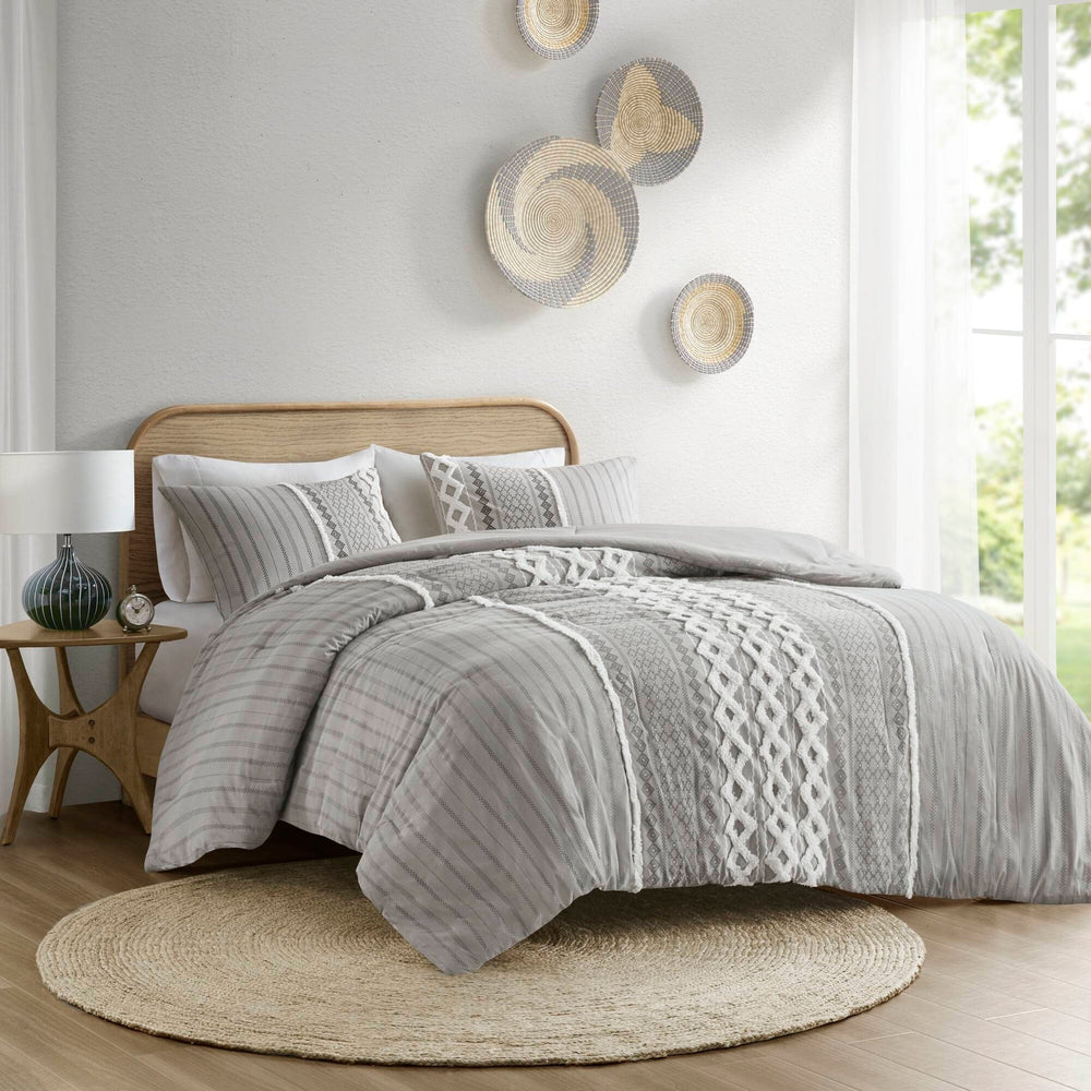Cotton Printed Comforter Set with Chenille Gray Full/Queen Media 7