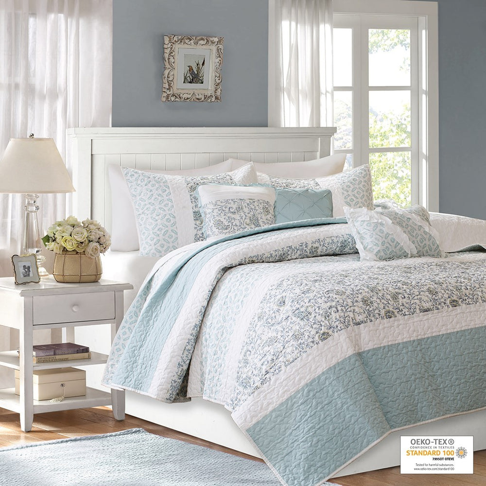 6 Piece Cotton Percale Quilt Set with Throw Pillows Aqua Full/Queen Media 13