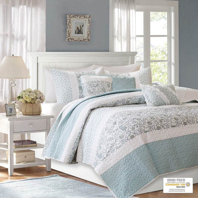 6 Piece Cotton Percale Quilt Set with Throw Pillows Aqua Full/Queen
