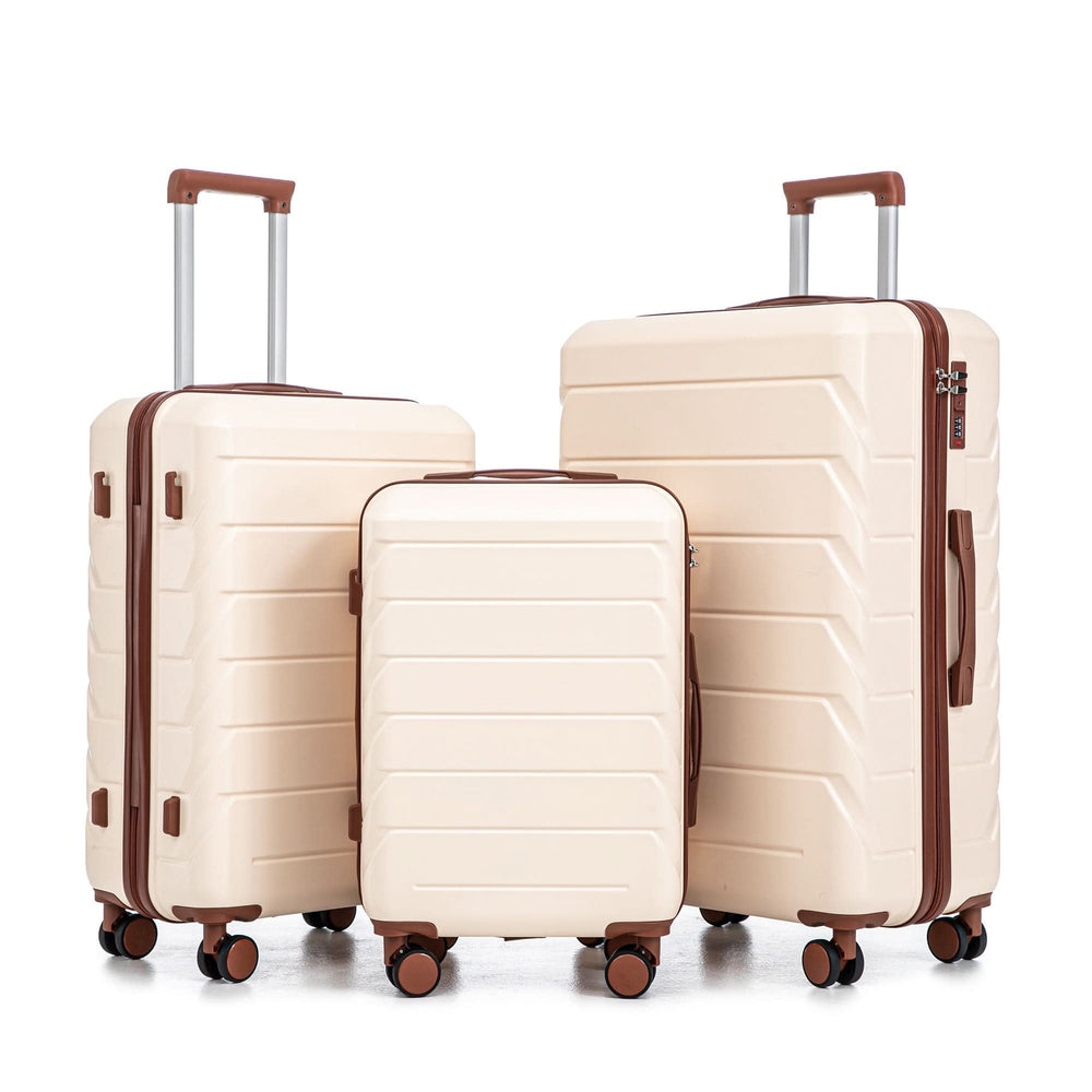 Abs Luggage Set 20 24 28 Inches 3 Piece Beige Durable Spinner Wheels & Combination Lock Media 21
