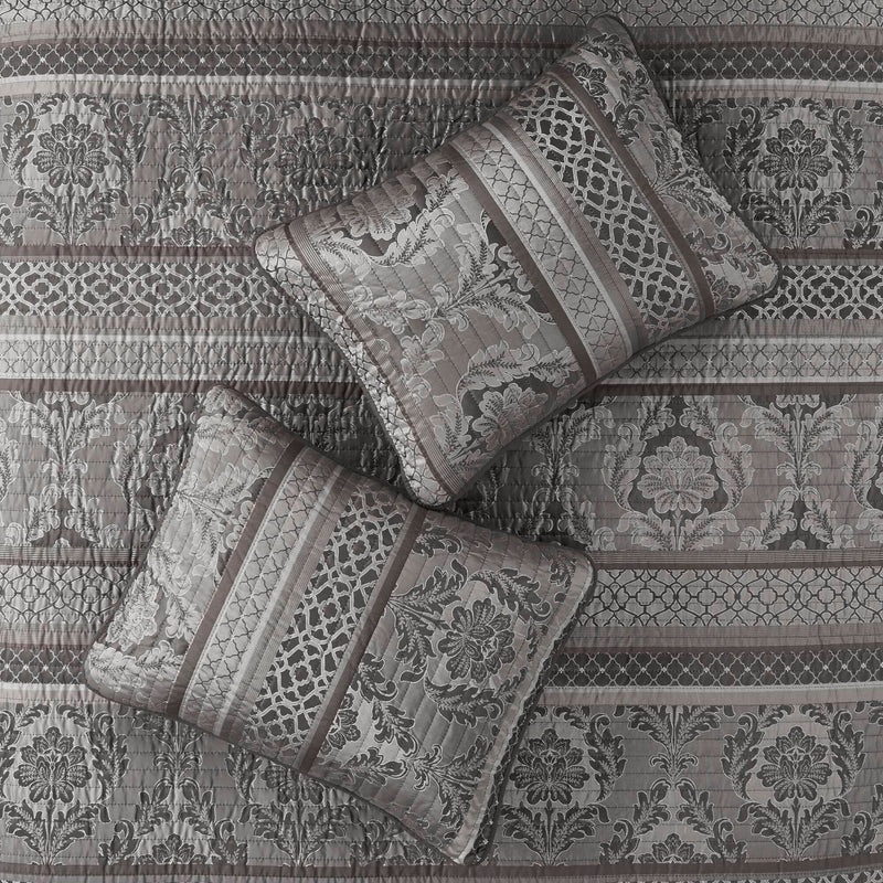 6-Piece King/Cal King 6 Piece Jacquard Quilt Set with Throw Pillows,Grey