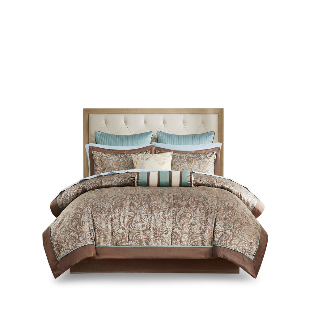 12 Piece Comforter Set with Cotton Bed Sheets Blue/Brown King Media 13