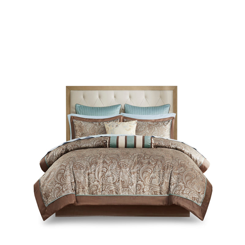 12 Piece Comforter Set with Cotton Bed Sheets Blue/Brown King
