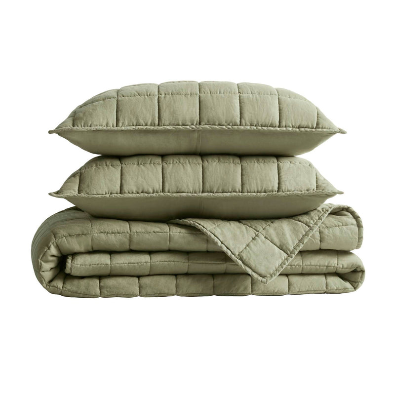 3-Piece King/Cal King Linen Garment Washed Quilt Set,Olive Green