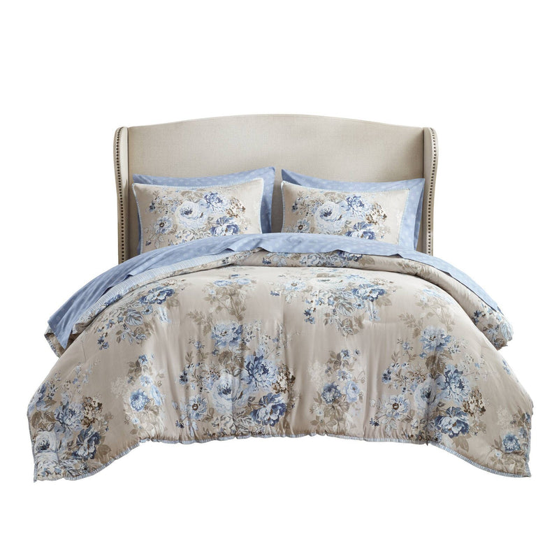 7-Piece Full 7 Piece Vin -inspired Collection floral print,Beige/Blue