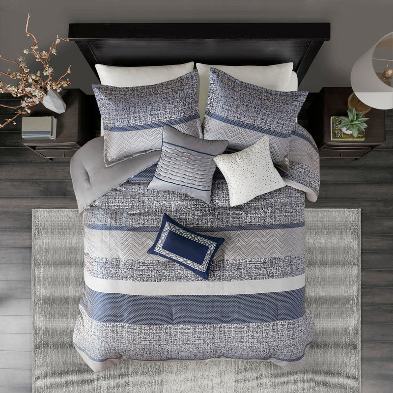 7 Piece Jacquard Comforter Set Navy Queen