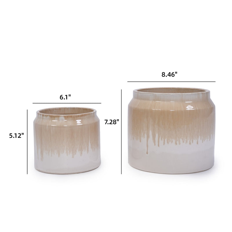 Handmade Non-Porous Ceramic Planter Set of 2, 6' & 8' Diameter, Beige Drip Glaze, for Aquatic Plants Indoor/Outdoor Shelf & Desk Use, Breathable Clay