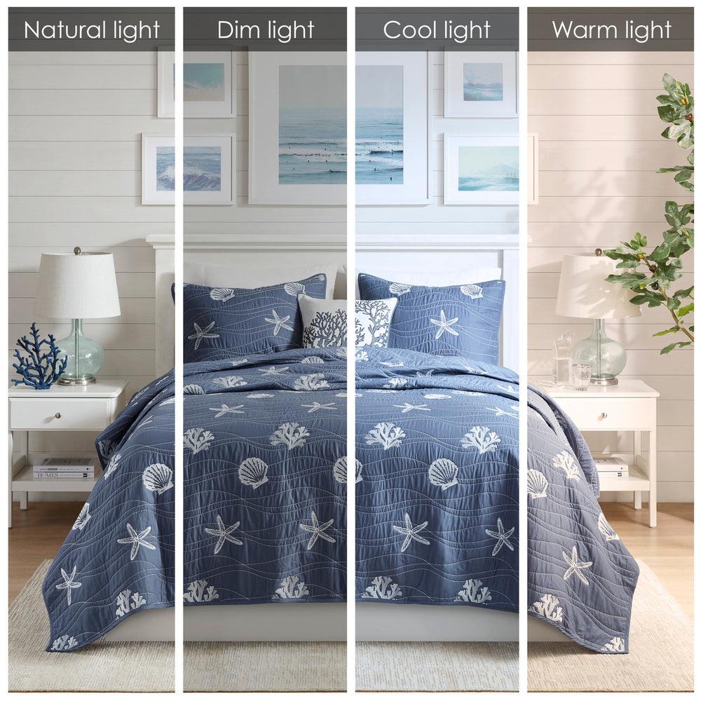 4 Piece Cotton Reversible Embroidered Quilt Set with Throw Pillow Navy King/Cal King Media 15