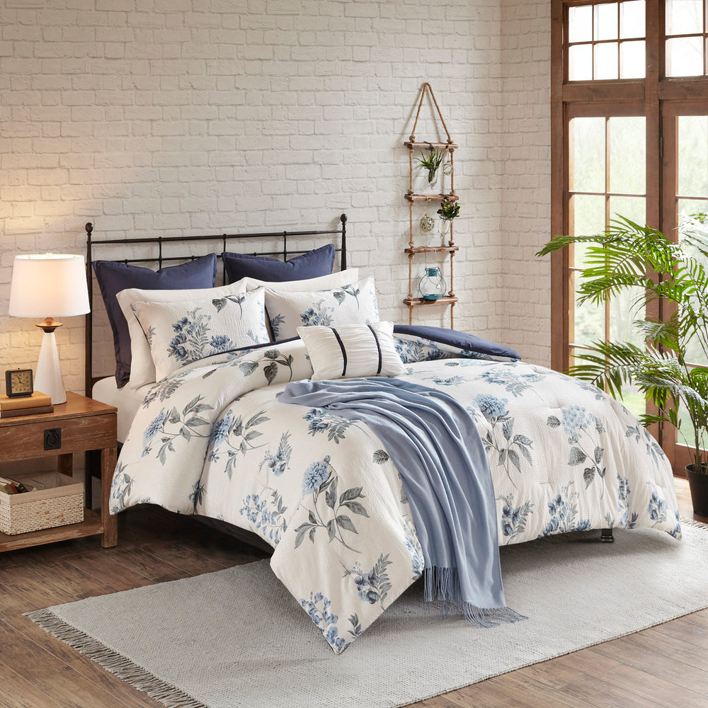 7 Piece Printed Seersucker Comforter Set with Throw Blanket Blue King/Cal King Media 1