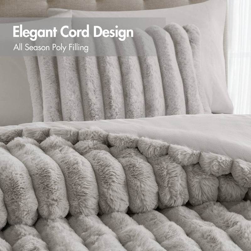 3 Pieces Full/Queen  soft Faux Fur Ribbed Comforter Set,Light Gray