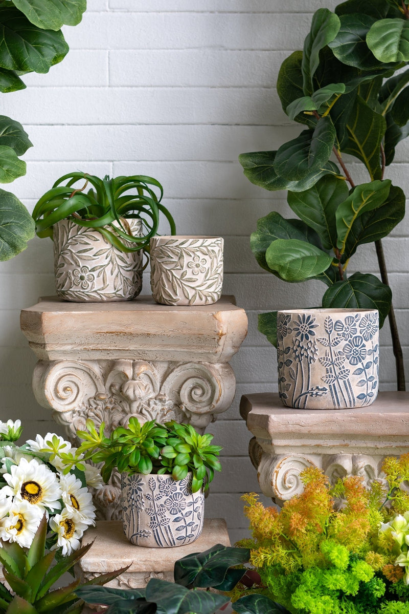 S/2 Gray Sand and Cement Planters with Etched Green Floral Motif, L:D6.7x6.3' S:D5.5x5'