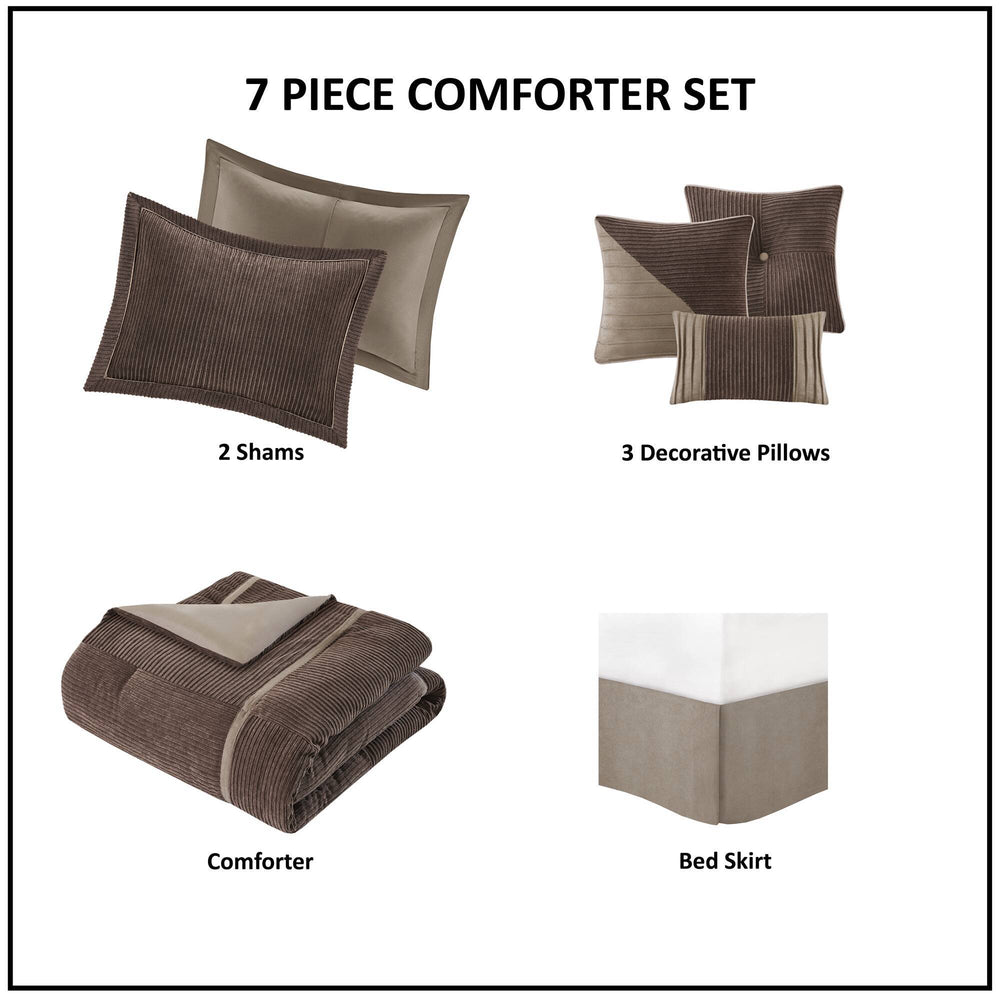 7 Piece Micro Corduroy Comforter Set Brown Cal King Media 2