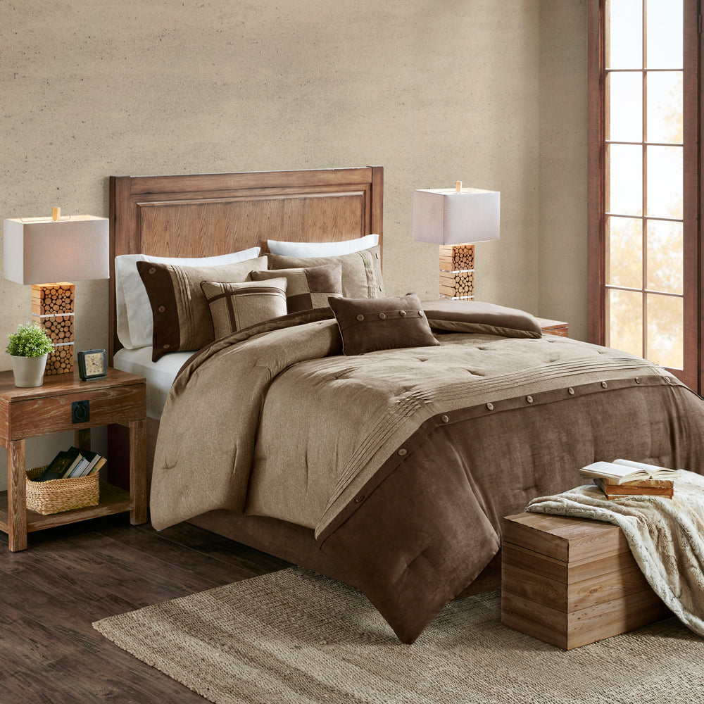 7 Piece Faux Suede Comforter Set Brown Cal King Media 1