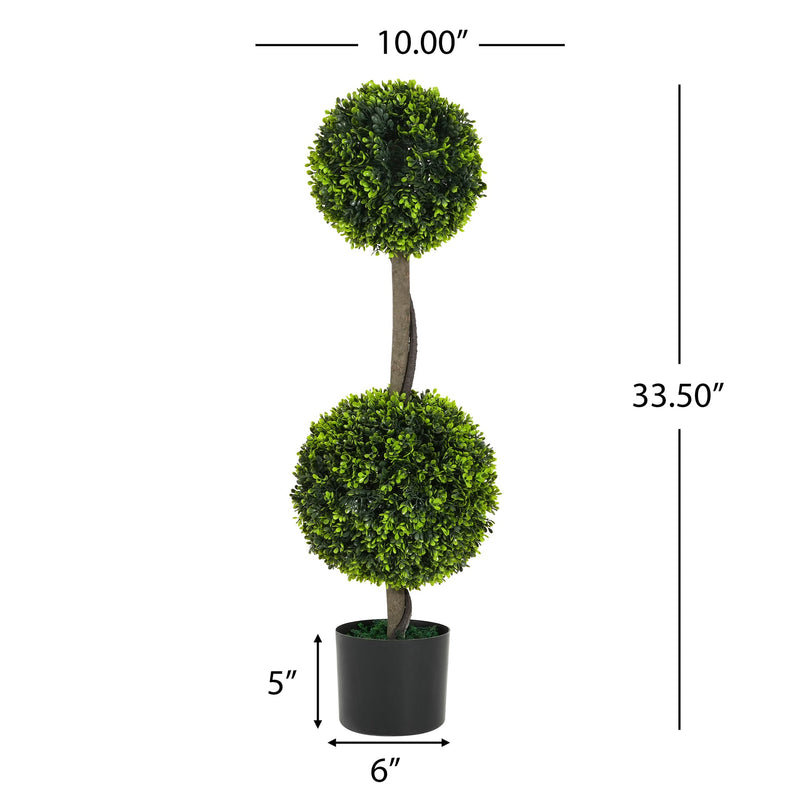 34' Artificial Topiary Boxwood Tree Double Ball with Black Plastic Pot, Set of 2