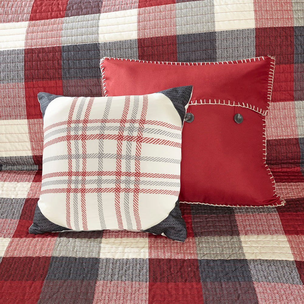 6 Piece Printed Herringbone Quilt Set with Throw Pillows Red King/Cal King Media 7