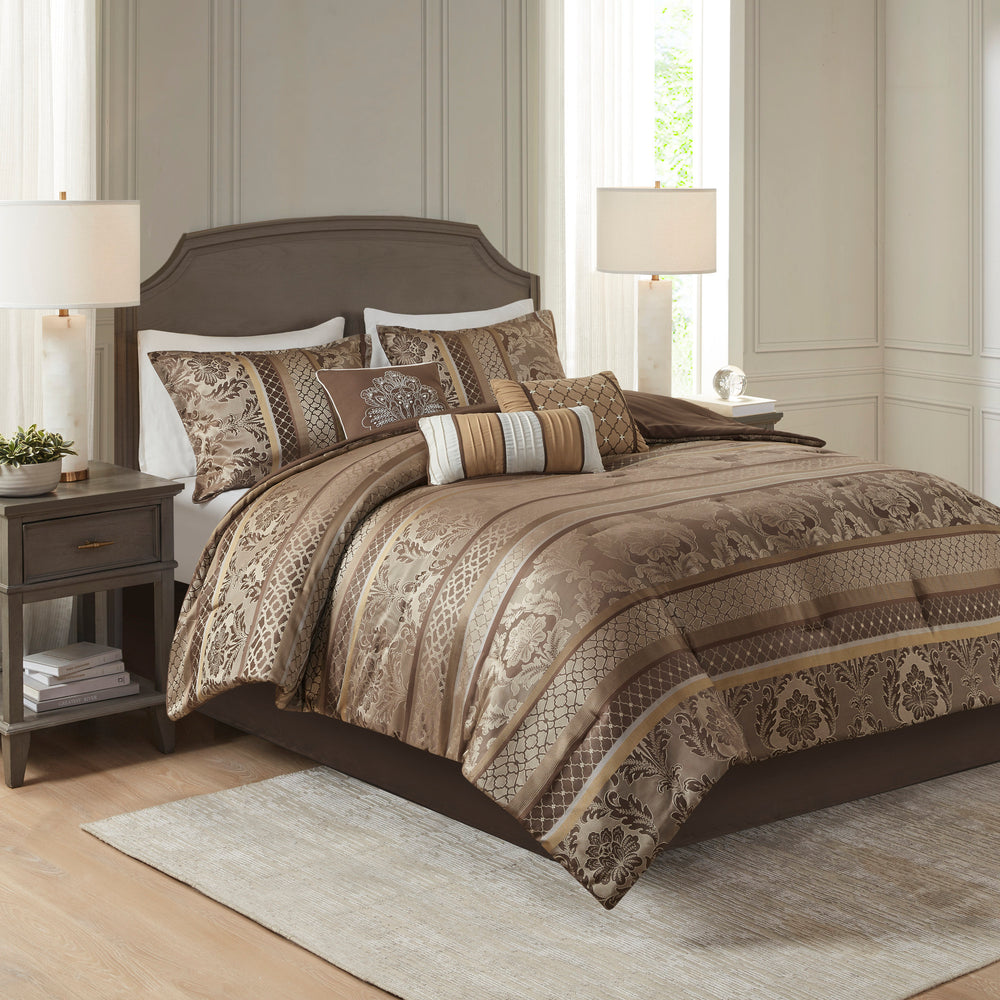 7 Piece Jacquard Comforter Set Brown/Gold Queen Media 1