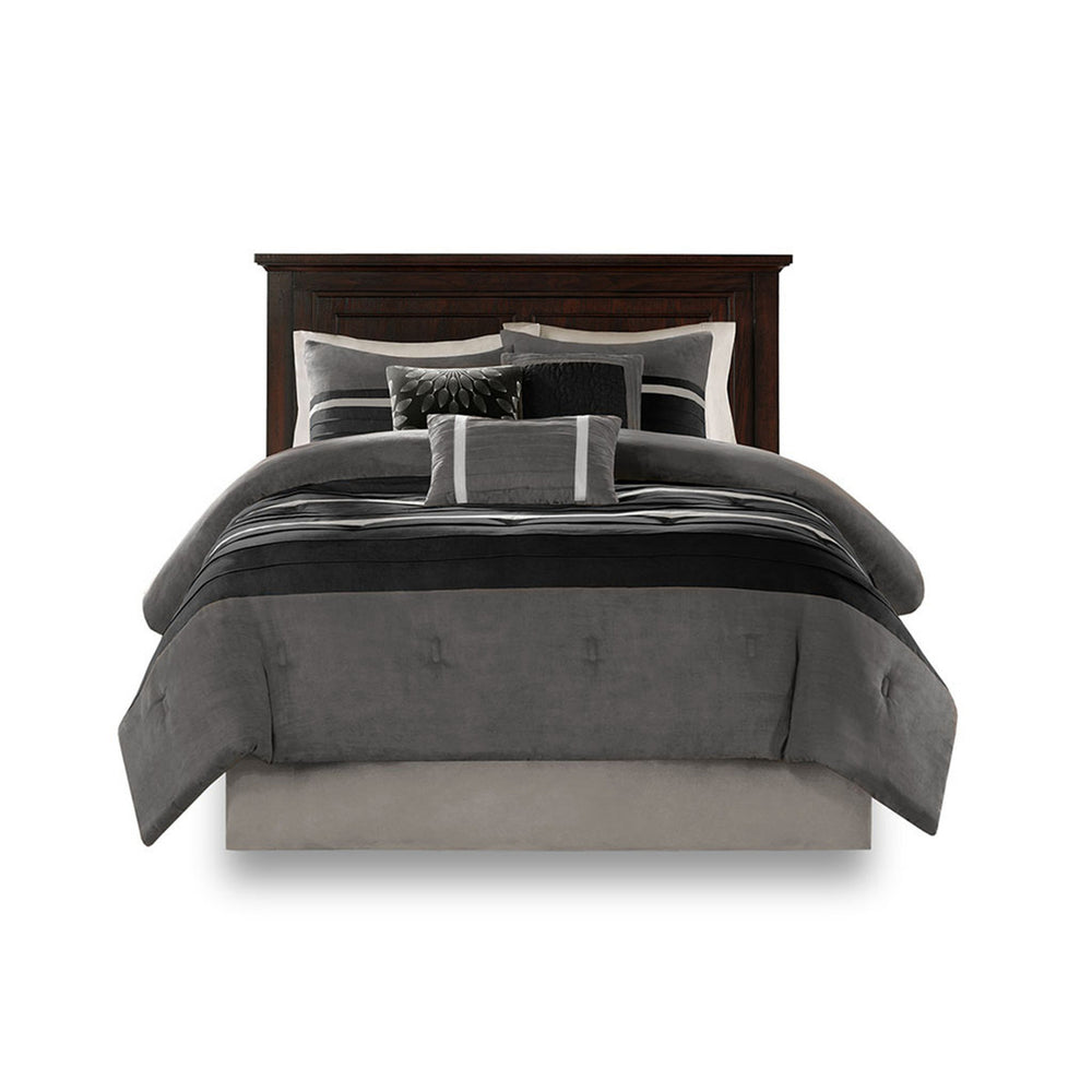7 PC Pieced Faux Suede Comforter Set Black Full Media 10