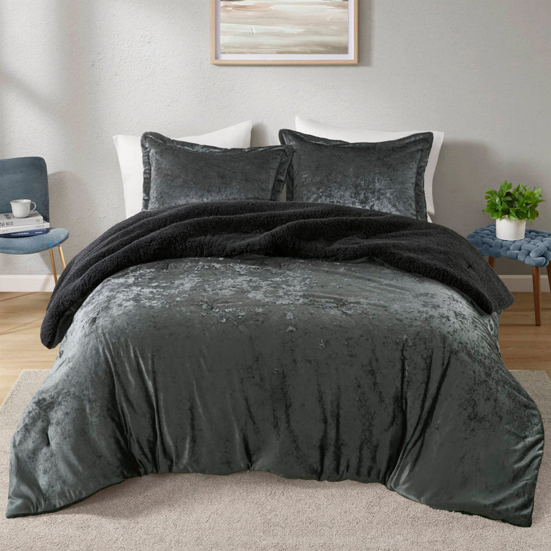 3 PCS Full/Queen Crushed Velvet   Reversible Comforter Set Charcoal