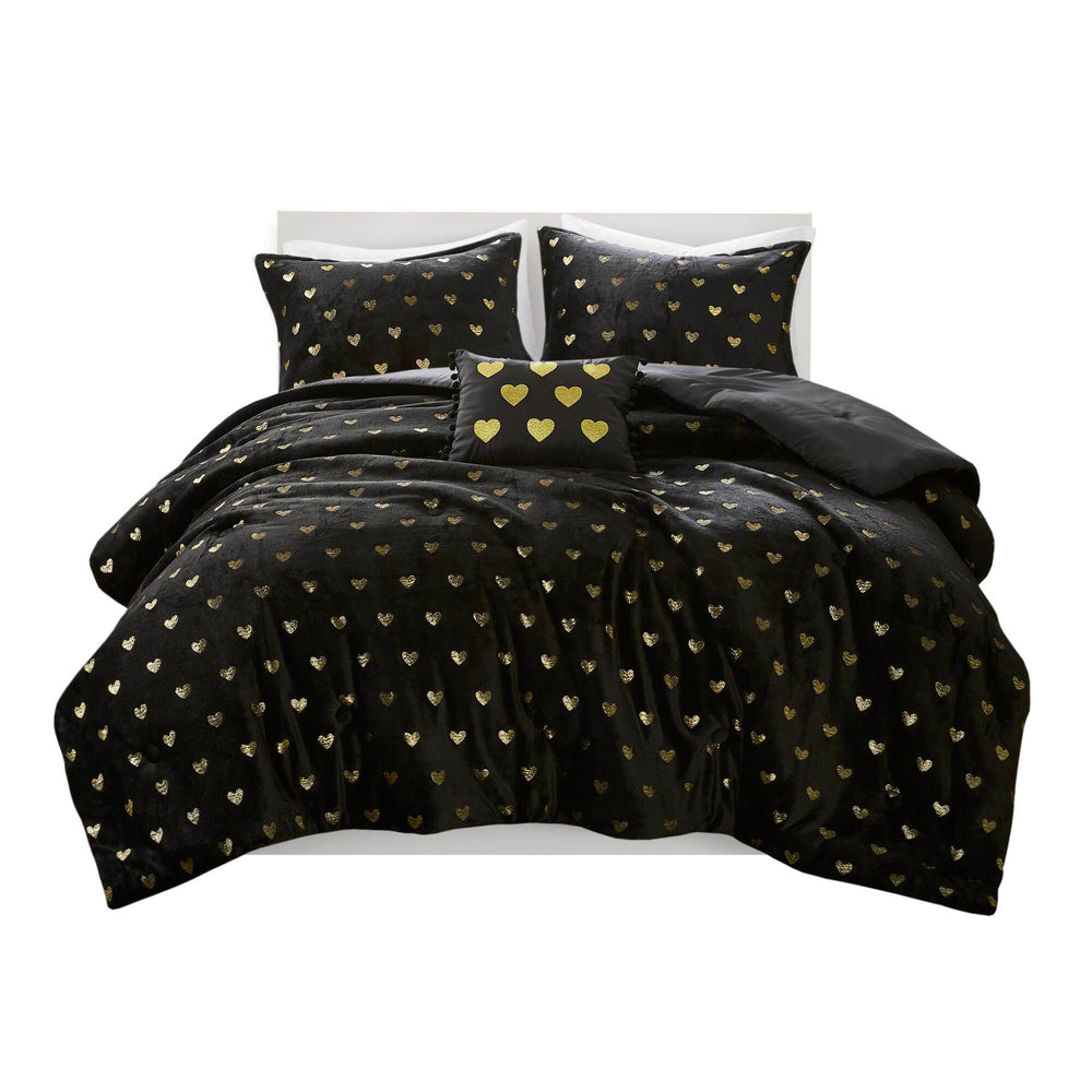 3 PCS Twin/Twin XL Metallic Printed Plush Comforter Set with Throw Pillow Black/Gold Media 3