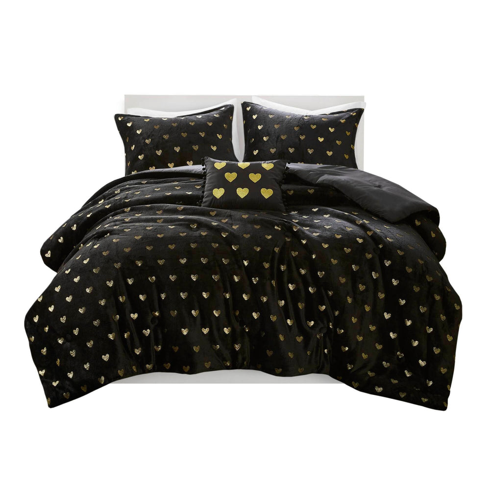 4 PCS Full/Queen Metallic Printed Plush Comforter Set with Throw Pillow Black/Gold Media 3