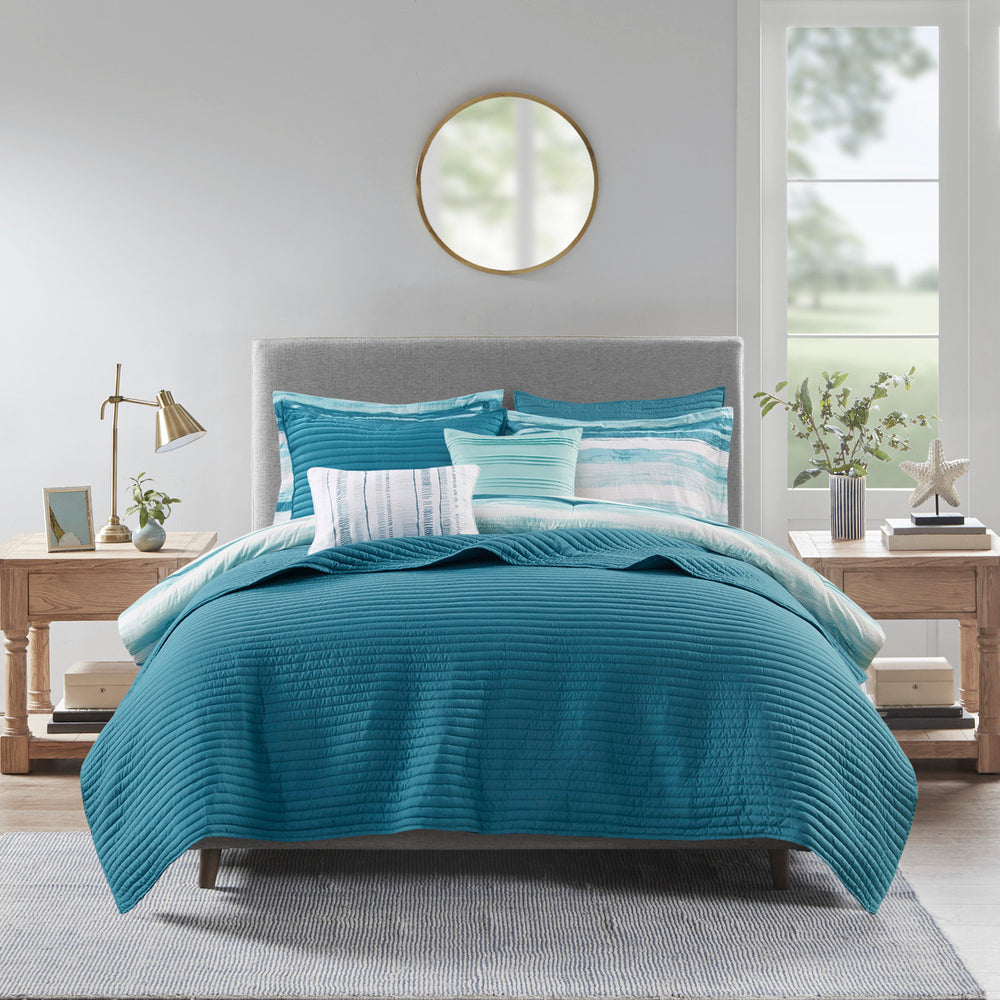 8 Piece Printed Seersucker Comforter and Quilt Set Collection Aqua Full/Queen Media 2